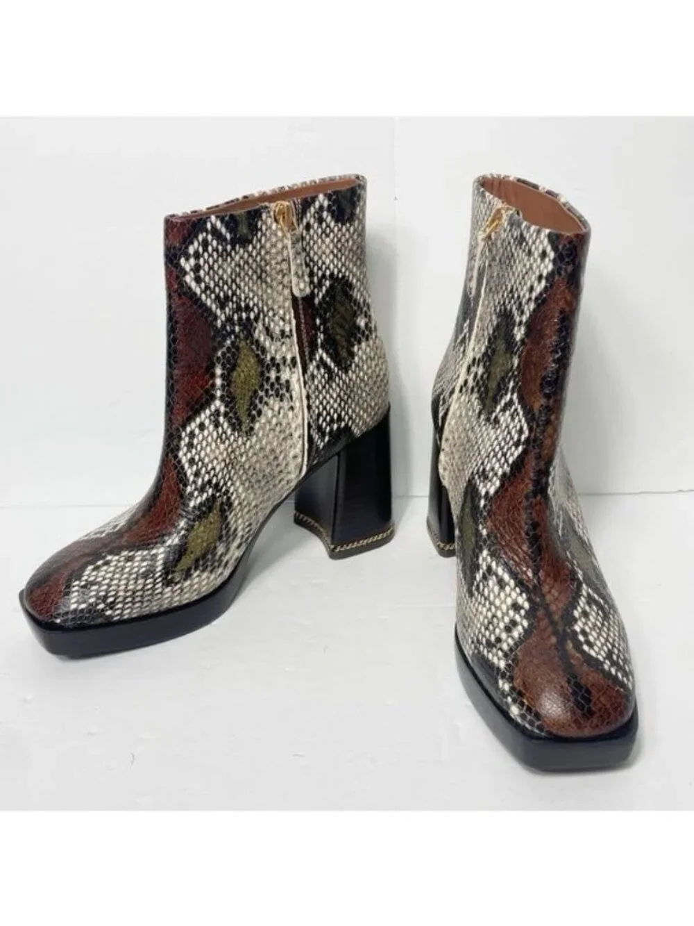 Tory Burch Ruby Python-Embossed Ankle Boots Size 8 Aspen Block Heel Chain Accent